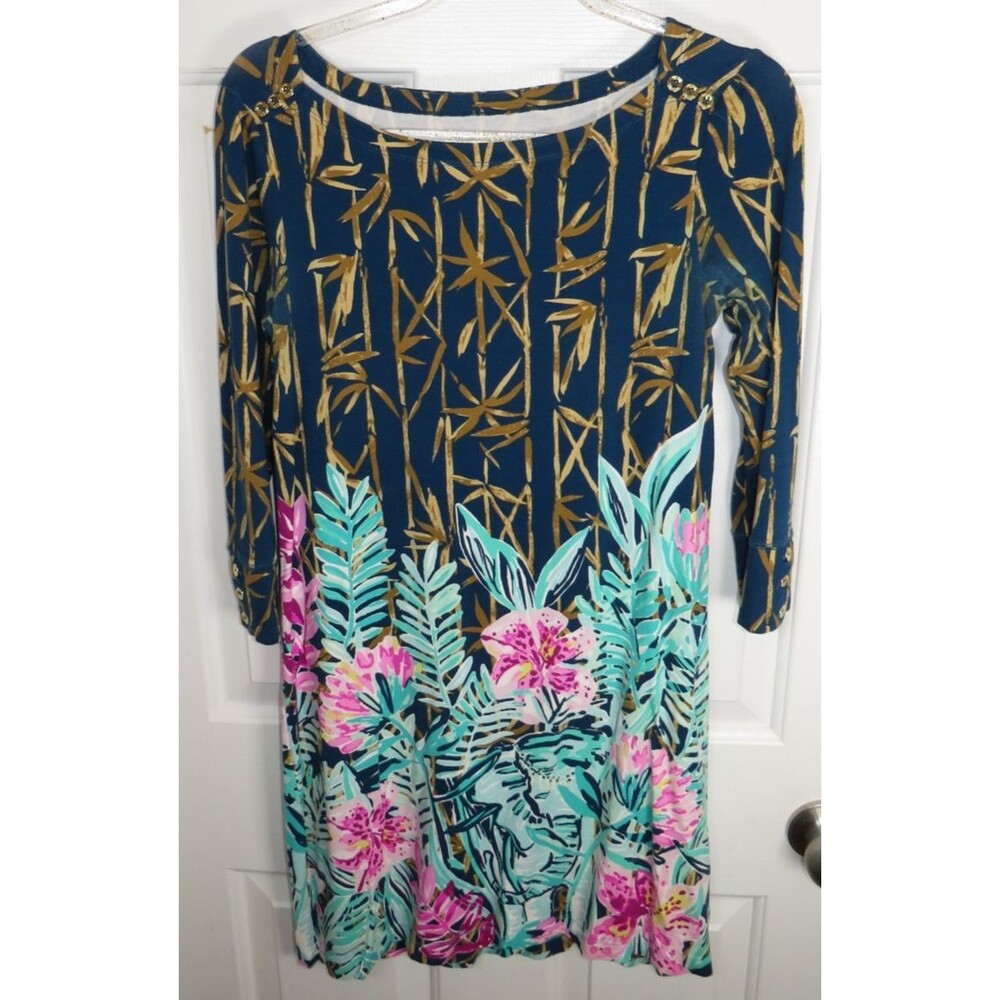 Lilly Pulitzer Sophie Dress Gold Bamboo Tropical Print 3/4 Sleeve Size Small